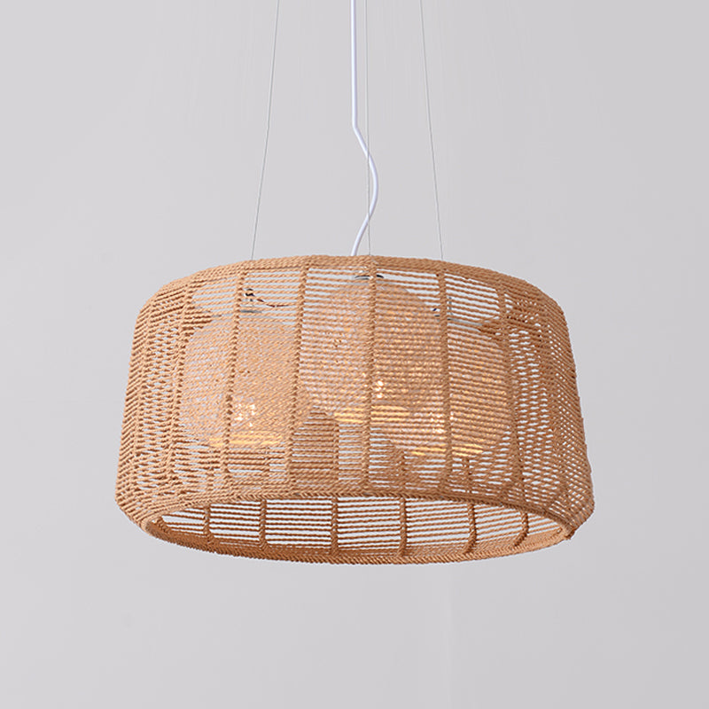 3-Light Guest Room Ceiling Chandelier Chinese Beige Pendant Light with Drum Bamboo Cage Clearhalo 'Ceiling Lights' 'Chandeliers' Lighting' options 808236