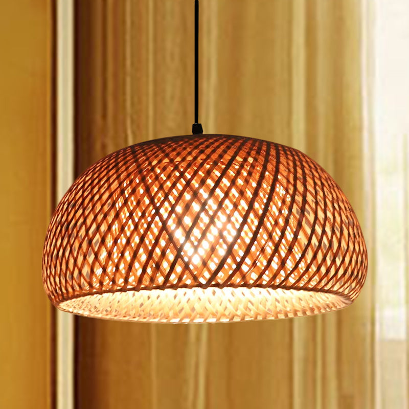 Dual Dome Shade Bamboo Hanging Light Asia 12"/15" Wide 1 Head Beige Pendant Lamp for Parlor Clearhalo 'Ceiling Lights' 'Pendant Lights' 'Pendants' Lighting' 808244