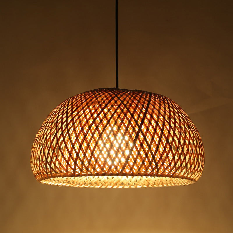 Dual Dome Shade Bamboo Hanging Light Asia 12"/15" Wide 1 Head Beige Pendant Lamp for Parlor Clearhalo 'Ceiling Lights' 'Pendant Lights' 'Pendants' Lighting' 808247