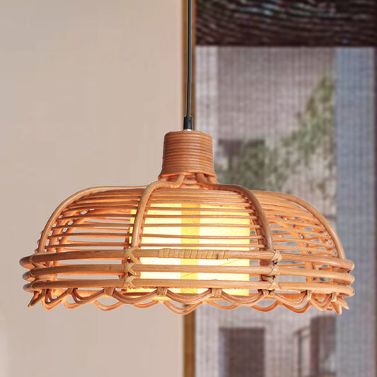 Shallow Bowl Bamboo Braided Drop Lamp Chinese Style 1 Head Beige Ceiling Pendant with Cylinder Shade Inside Clearhalo 'Ceiling Lights' 'Pendant Lights' 'Pendants' Lighting' 808255