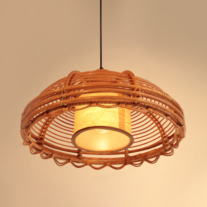 Shallow Bowl Bamboo Braided Drop Lamp Chinese Style 1 Head Beige Ceiling Pendant with Cylinder Shade Inside Clearhalo 'Ceiling Lights' 'Pendant Lights' 'Pendants' Lighting' 808258