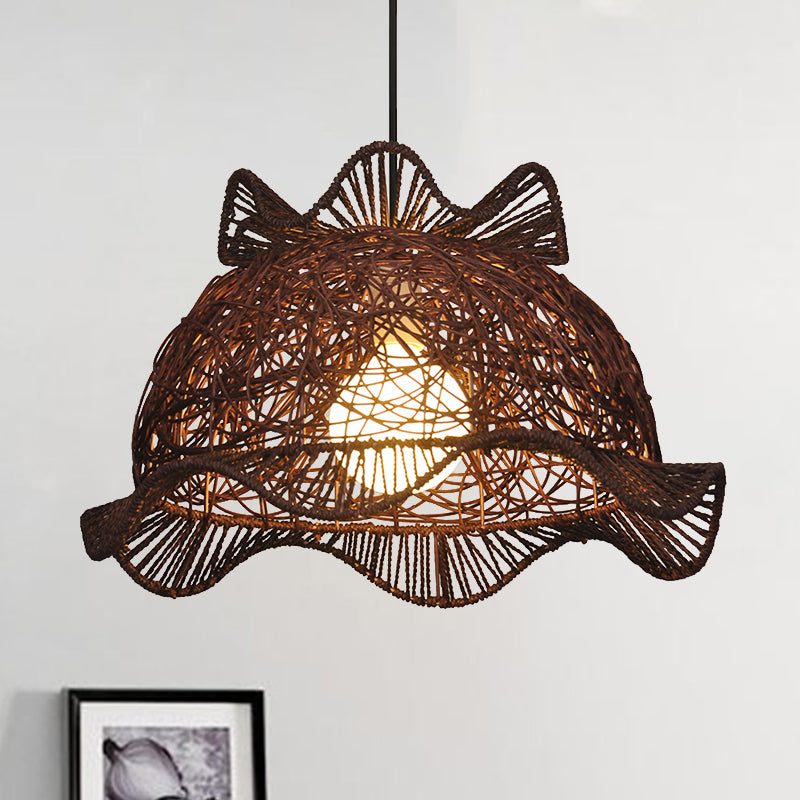 Coffee Ruffle-Edge Bowl Pendant Modernist Single Bamboo Ceiling Suspension Lamp for Dining Room Clearhalo 'Ceiling Lights' 'Pendant Lights' 'Pendants' Lighting' 808260