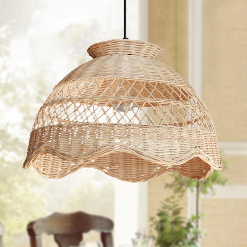 Bamboo Bowl Hollowed Out Hanging Light Asia 1 Bulb Beige Pendant Lighting with Scalloped Trim Clearhalo 'Ceiling Lights' 'Pendant Lights' 'Pendants' Lighting' 808270