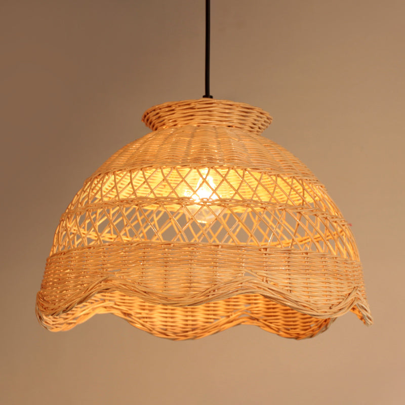 Bamboo Bowl Hollowed Out Hanging Light Asia 1 Bulb Beige Pendant Lighting with Scalloped Trim Clearhalo 'Ceiling Lights' 'Pendant Lights' 'Pendants' Lighting' 808273
