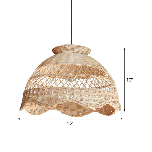 Bamboo Bowl Hollowed Out Hanging Light Asia 1 Bulb Beige Pendant Lighting with Scalloped Trim Clearhalo 'Ceiling Lights' 'Pendant Lights' 'Pendants' Lighting' 808274