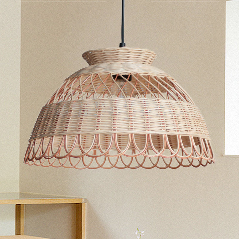 Hollowed Scalloped Bowl Pendant Lighting Asian Bamboo Single-Bulb Khaki Ceiling Lamp Clearhalo 'Ceiling Lights' 'Pendant Lights' 'Pendants' Lighting' 808295