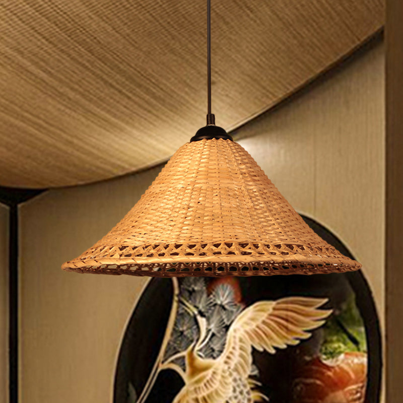 Asia Cone Hat Hanging Light Bamboo 1-Light Dining Room Ceiling Pendant Lamp in Brown Clearhalo 'Ceiling Lights' 'Pendant Lights' 'Pendants' Lighting' 808301