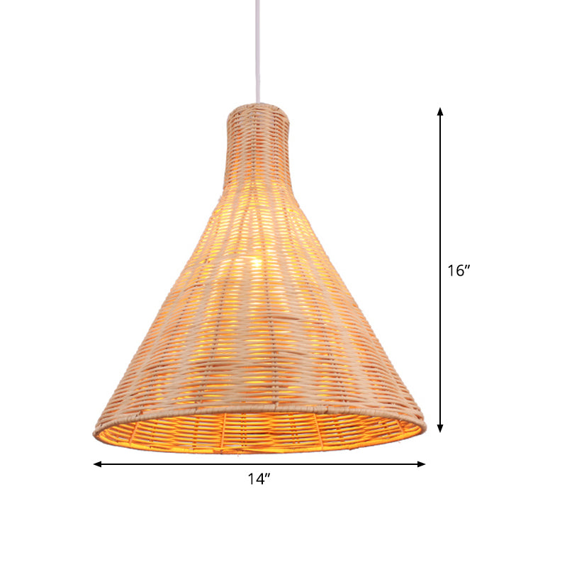 Conical Bamboo Suspension Pendant Asia 14/16 Inches Wide 1 Head Khaki Hanging Lamp Kit Clearhalo 'Ceiling Lights' 'Pendant Lights' 'Pendants' Lighting' 808342