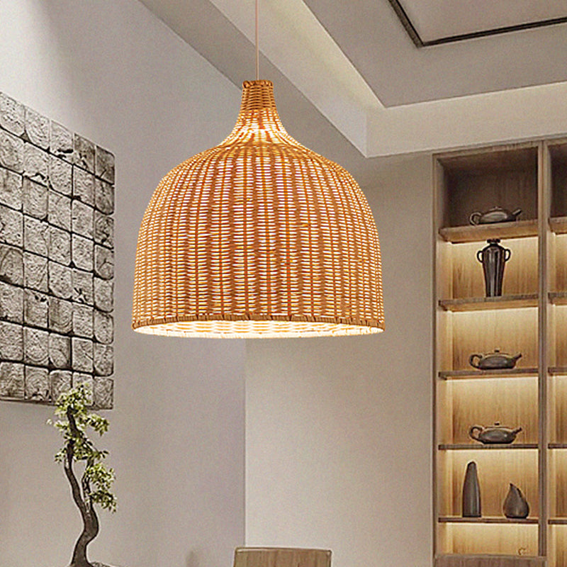 Beige Bowl Ceiling Pendant Lamp Asian 1 Light 11"/18" Wide Bamboo Hanging Light Fixture Clearhalo 'Ceiling Lights' 'Pendant Lights' 'Pendants' Lighting' 808344