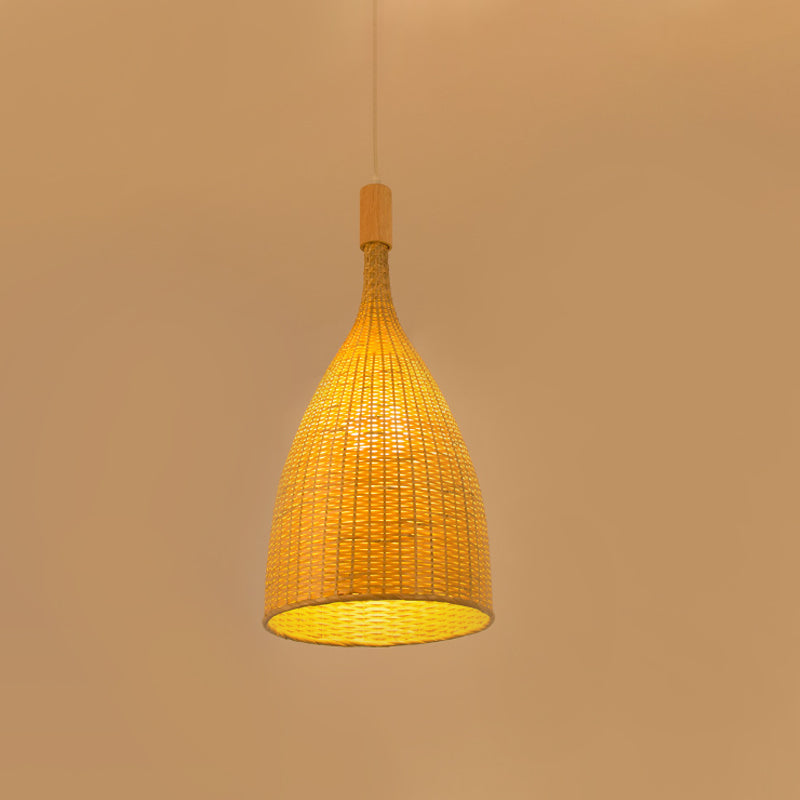 Single Restaurant Suspension Lamp Asia Beige Pendant Light with Funnel Bamboo Shade Clearhalo 'Ceiling Lights' 'Pendant Lights' 'Pendants' Lighting' 808371