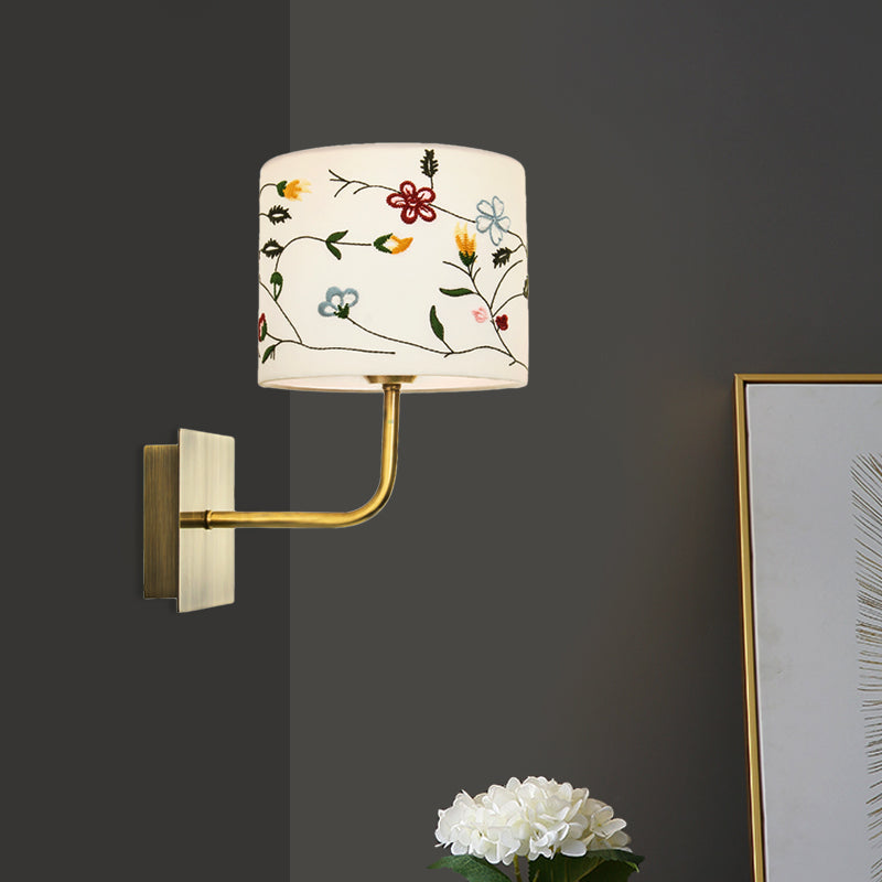 Drum Bedside Wall Mount Lamp Modern Nordic Embroidery Fabric 1-Head Gold Wall Lighting Ideas Gold A Clearhalo 'Wall Lamps & Sconces' 'Wall Lights' Lighting' 808405