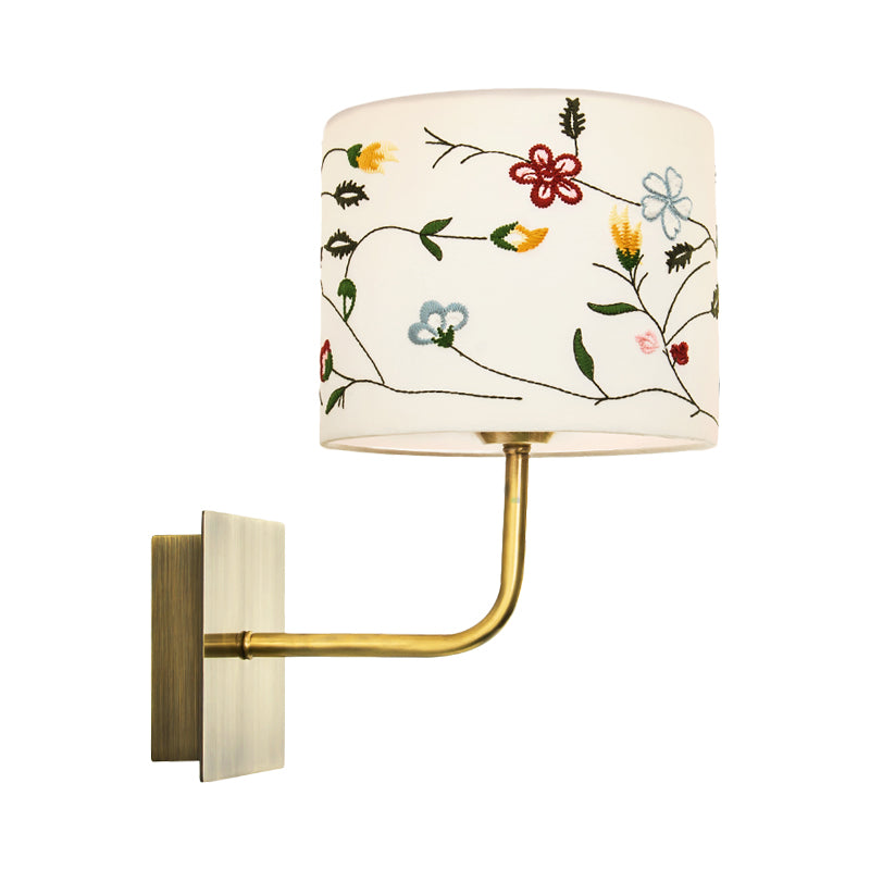 Drum Bedside Wall Mount Lamp Modern Nordic Embroidery Fabric 1-Head Gold Wall Lighting Ideas Clearhalo 'Wall Lamps & Sconces' 'Wall Lights' Lighting' 808407