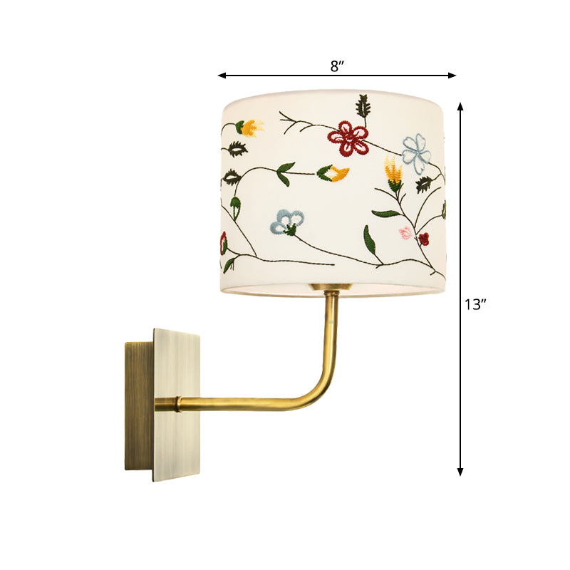 Drum Bedside Wall Mount Lamp Modern Nordic Embroidery Fabric 1-Head Gold Wall Lighting Ideas Clearhalo 'Wall Lamps & Sconces' 'Wall Lights' Lighting' 808408