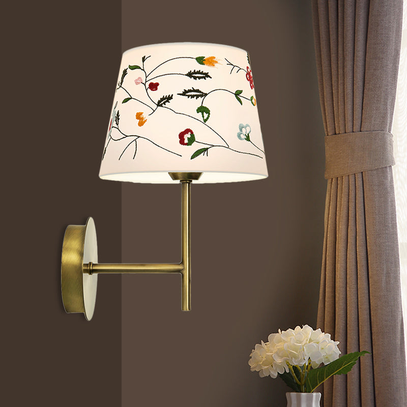 Drum Bedside Wall Mount Lamp Modern Nordic Embroidery Fabric 1-Head Gold Wall Lighting Ideas Gold B Clearhalo 'Wall Lamps & Sconces' 'Wall Lights' Lighting' 808409