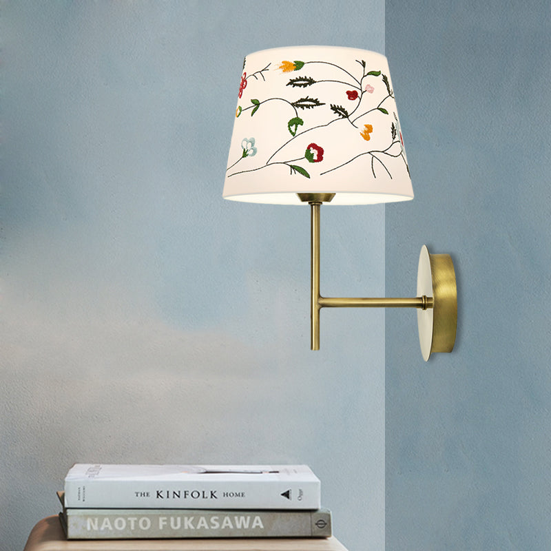 Drum Bedside Wall Mount Lamp Modern Nordic Embroidery Fabric 1-Head Gold Wall Lighting Ideas Clearhalo 'Wall Lamps & Sconces' 'Wall Lights' Lighting' 808410