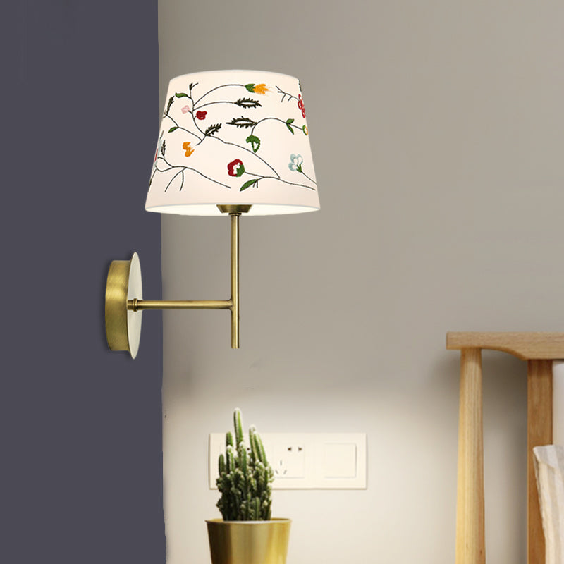 Drum Bedside Wall Mount Lamp Modern Nordic Embroidery Fabric 1-Head Gold Wall Lighting Ideas Clearhalo 'Wall Lamps & Sconces' 'Wall Lights' Lighting' 808411