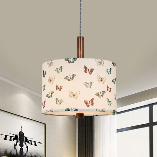 Drum Fabric Hanging Lighting Korea Country Style 1-Light Bedroom Pendant in White with Butterfly Pattern Clearhalo 'Ceiling Lights' 'Pendant Lights' 'Pendants' Lighting' 808418