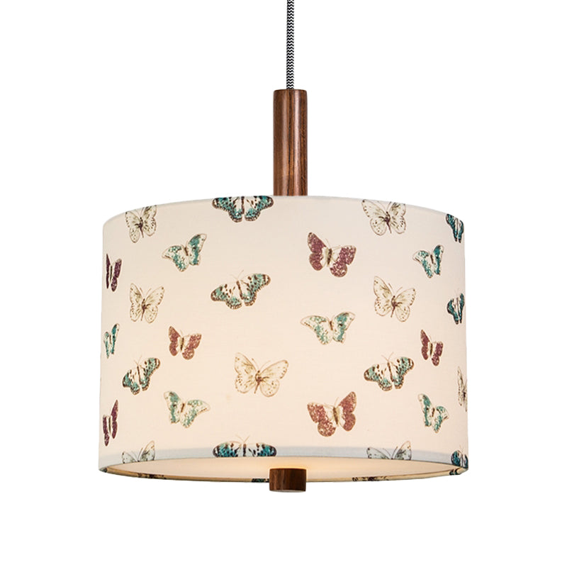 Drum Fabric Hanging Lighting Korea Country Style 1-Light Bedroom Pendant in White with Butterfly Pattern Clearhalo 'Ceiling Lights' 'Pendant Lights' 'Pendants' Lighting' 808420