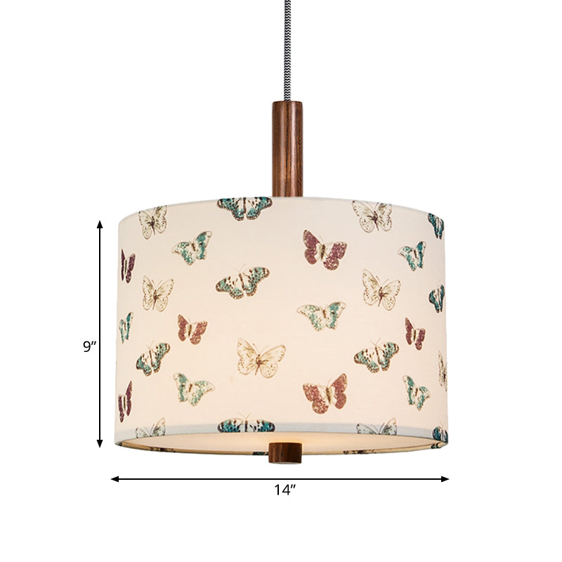 Drum Fabric Hanging Lighting Korea Country Style 1-Light Bedroom Pendant in White with Butterfly Pattern Clearhalo 'Ceiling Lights' 'Pendant Lights' 'Pendants' Lighting' 808421