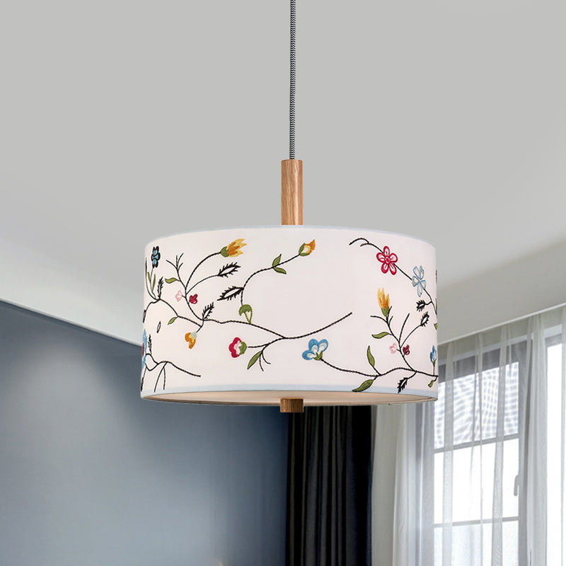 Fabric White Pendulum Light Drum 1 Head Korea Countryside Hanging Lamp Kit with Embroidery Design White Clearhalo 'Ceiling Lights' 'Pendant Lights' 'Pendants' Lighting' 808426_e5af5468-e634-4a1c-ac40-78a8d322ec1e