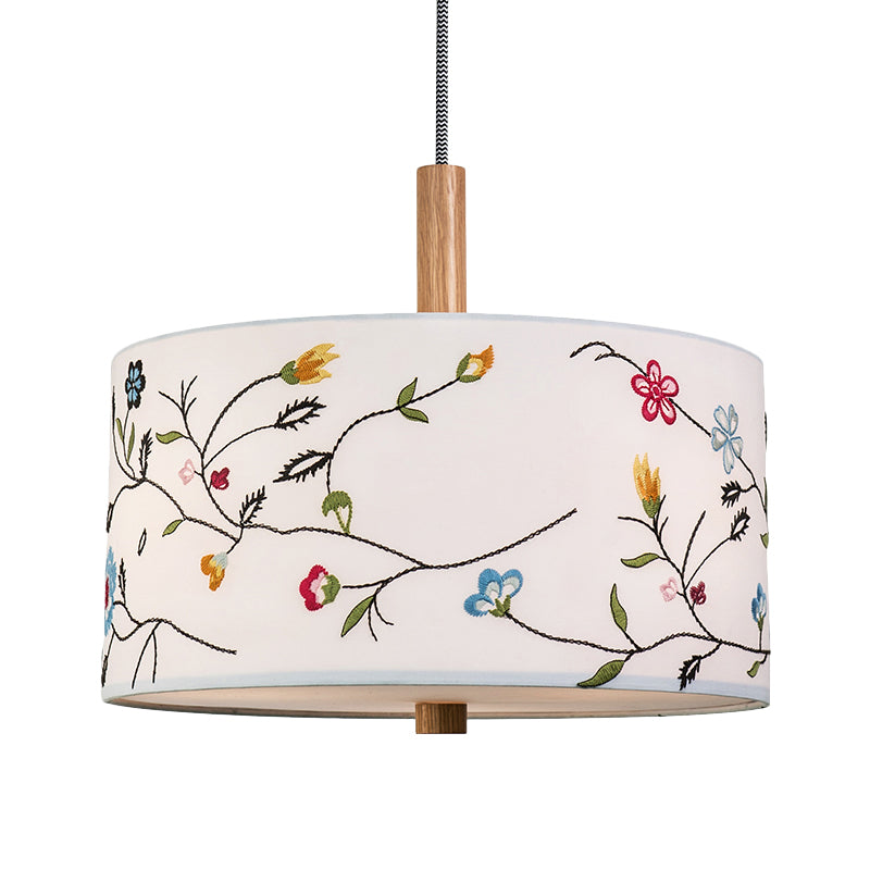 Fabric White Pendulum Light Drum 1 Head Korea Countryside Hanging Lamp Kit with Embroidery Design Clearhalo 'Ceiling Lights' 'Pendant Lights' 'Pendants' Lighting' 808428