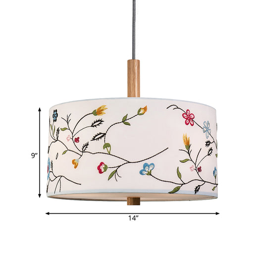 Fabric White Pendulum Light Drum 1 Head Korea Countryside Hanging Lamp Kit with Embroidery Design Clearhalo 'Ceiling Lights' 'Pendant Lights' 'Pendants' Lighting' 808429