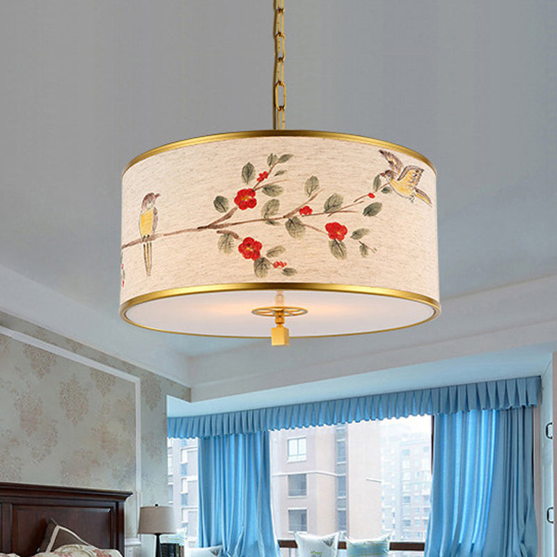 1 Light Drum Pendant Lighting Korea Country Beige Fabric Suspension Lamp with Bird and Branch Pattern Clearhalo 'Ceiling Lights' 'Pendant Lights' 'Pendants' Lighting' 808430