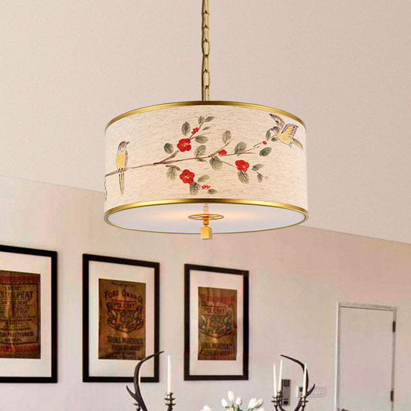 1 Light Drum Pendant Lighting Korea Country Beige Fabric Suspension Lamp with Bird and Branch Pattern Clearhalo 'Ceiling Lights' 'Pendant Lights' 'Pendants' Lighting' 808431