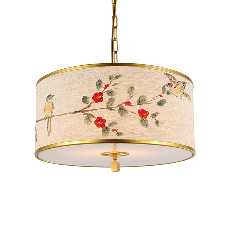 1 Light Drum Pendant Lighting Korea Country Beige Fabric Suspension Lamp with Bird and Branch Pattern Clearhalo 'Ceiling Lights' 'Pendant Lights' 'Pendants' Lighting' 808432