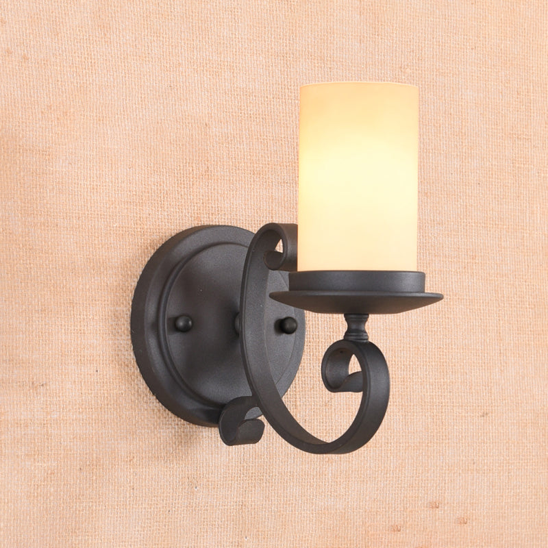 Column Living Room Wall Light Countryside Frosted Glass 1 Light Black Wall Lamp with Scrolled Arm Clearhalo 'Wall Lamps & Sconces' 'Wall Lights' Lighting' 808444