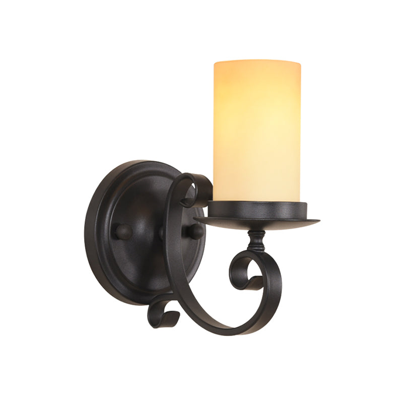 Column Living Room Wall Light Countryside Frosted Glass 1 Light Black Wall Lamp with Scrolled Arm Clearhalo 'Wall Lamps & Sconces' 'Wall Lights' Lighting' 808445