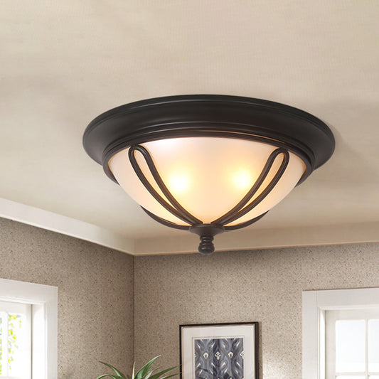 Antique Bowl Flush Light 4 Bulbs Milk Glass Flush Mount Lamp in Black with Metal Cage Frame Black Clearhalo 'Ceiling Lights' 'Close To Ceiling Lights' 'Close to ceiling' 'Flush mount' Lighting' 808481