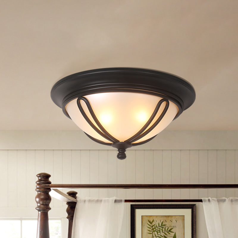 Antique Bowl Flush Light 4 Bulbs Milk Glass Flush Mount Lamp in Black with Metal Cage Frame Clearhalo 'Ceiling Lights' 'Close To Ceiling Lights' 'Close to ceiling' 'Flush mount' Lighting' 808482