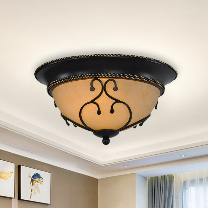 Black 2/3 Heads Ceiling Flush Mount Vintage Frosted Glass Bowl Flushmount with Metal Frame, 13"/16.5" W Black Clearhalo 'Ceiling Lights' 'Close To Ceiling Lights' 'Close to ceiling' 'Flush mount' Lighting' 808493