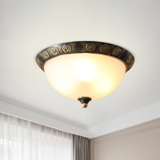Milk Glass Black Ceiling Lamp Dome Shade 3-Head Traditional Flush Mount with Leaf/Flower Trim Black Flower Clearhalo 'Ceiling Lights' 'Close To Ceiling Lights' 'Close to ceiling' 'Flush mount' Lighting' 808498