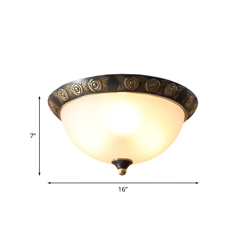 Milk Glass Black Ceiling Lamp Dome Shade 3-Head Traditional Flush Mount with Leaf/Flower Trim Clearhalo 'Ceiling Lights' 'Close To Ceiling Lights' 'Close to ceiling' 'Flush mount' Lighting' 808501