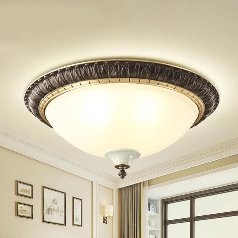 Milk Glass Black Ceiling Lamp Dome Shade 3-Head Traditional Flush Mount with Leaf/Flower Trim Black Leaf Clearhalo 'Ceiling Lights' 'Close To Ceiling Lights' 'Close to ceiling' 'Flush mount' Lighting' 808502