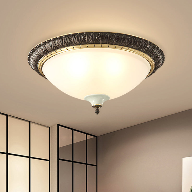 Milk Glass Black Ceiling Lamp Dome Shade 3-Head Traditional Flush Mount with Leaf/Flower Trim Clearhalo 'Ceiling Lights' 'Close To Ceiling Lights' 'Close to ceiling' 'Flush mount' Lighting' 808503