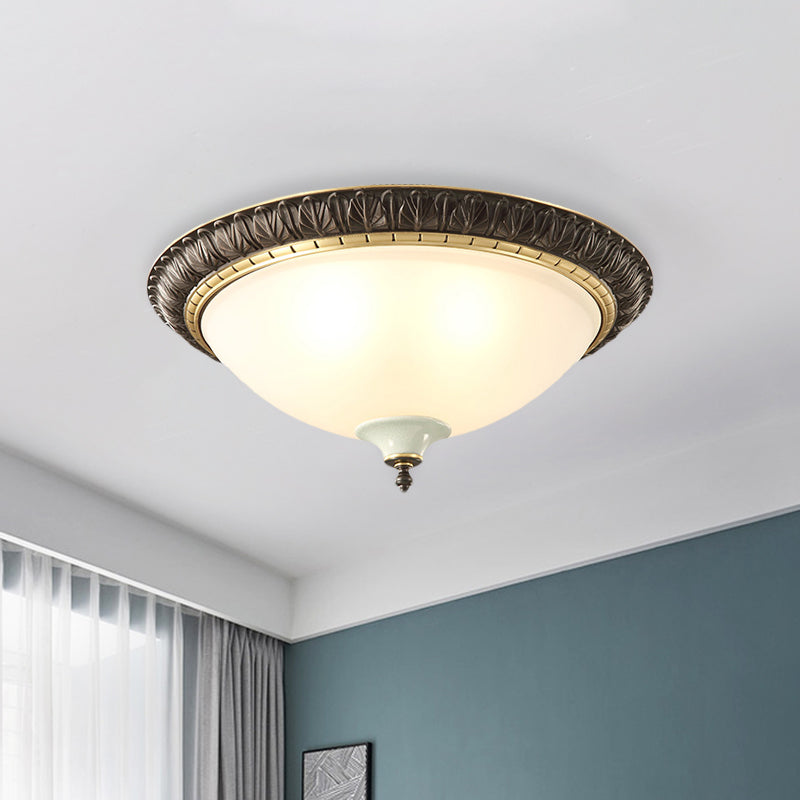 Milk Glass Black Ceiling Lamp Dome Shade 3-Head Traditional Flush Mount with Leaf/Flower Trim Clearhalo 'Ceiling Lights' 'Close To Ceiling Lights' 'Close to ceiling' 'Flush mount' Lighting' 808504