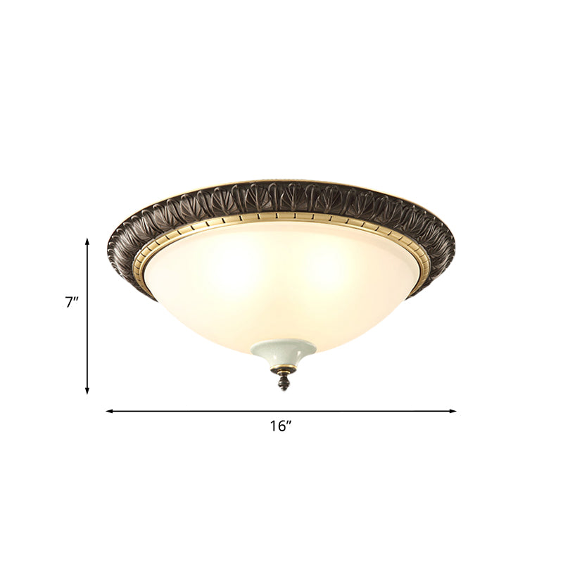 Milk Glass Black Ceiling Lamp Dome Shade 3-Head Traditional Flush Mount with Leaf/Flower Trim Clearhalo 'Ceiling Lights' 'Close To Ceiling Lights' 'Close to ceiling' 'Flush mount' Lighting' 808506