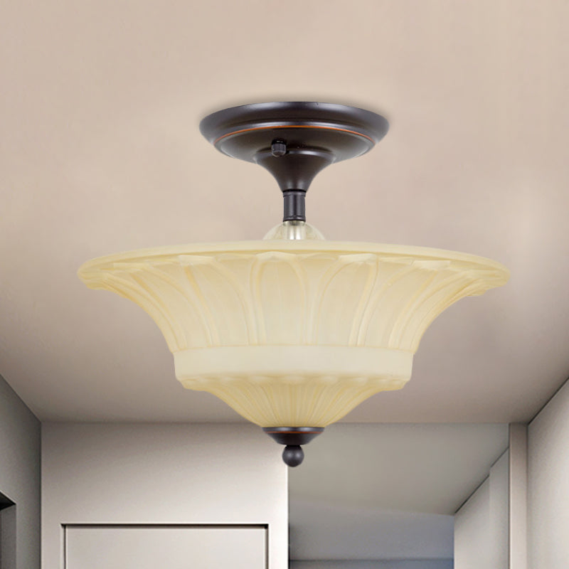 Beige Glass Bowl Flush Light Vintage 3/4 Heads Living Room Semi Flush Mount Lighting in Black, 14"/16" W Clearhalo 'Ceiling Lights' 'Close To Ceiling Lights' 'Close to ceiling' 'Glass shade' 'Glass' 'Pendant Lights' 'Semi-flushmount' Lighting' 808532