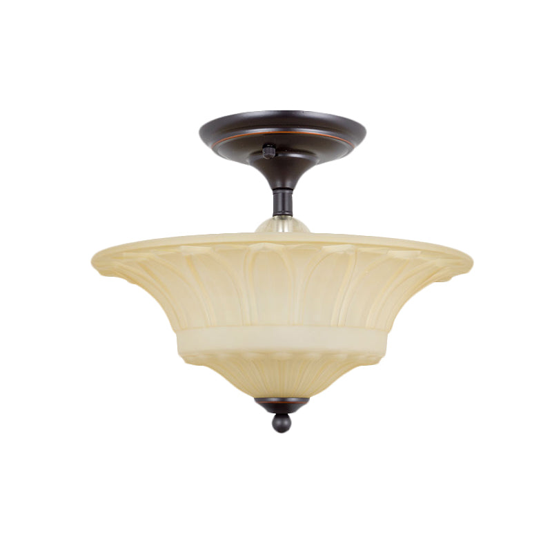 Beige Glass Bowl Flush Light Vintage 3/4 Heads Living Room Semi Flush Mount Lighting in Black, 14"/16" W Clearhalo 'Ceiling Lights' 'Close To Ceiling Lights' 'Close to ceiling' 'Glass shade' 'Glass' 'Pendant Lights' 'Semi-flushmount' Lighting' 808533