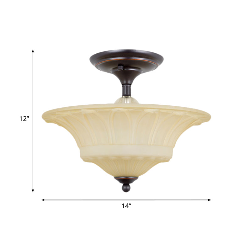 Beige Glass Bowl Flush Light Vintage 3/4 Heads Living Room Semi Flush Mount Lighting in Black, 14"/16" W Clearhalo 'Ceiling Lights' 'Close To Ceiling Lights' 'Close to ceiling' 'Glass shade' 'Glass' 'Pendant Lights' 'Semi-flushmount' Lighting' 808534