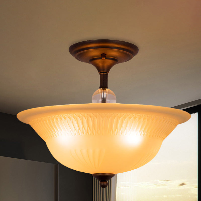 Beige Glass Bowl Flush Light Vintage 3/4 Heads Living Room Semi Flush Mount Lighting in Black, 14"/16" W Clearhalo 'Ceiling Lights' 'Close To Ceiling Lights' 'Close to ceiling' 'Glass shade' 'Glass' 'Pendant Lights' 'Semi-flushmount' Lighting' 808537