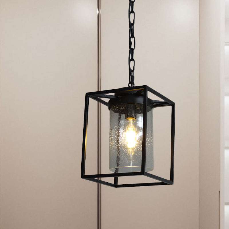 Antique Cylinder Hanging Pendant 1 Bulb Clear Seeded Glass Drop Lamp in Black with Rectangle Cage Black Clearhalo 'Ceiling Lights' 'Glass shade' 'Glass' 'Pendant Lights' 'Pendants' Lighting' 808540