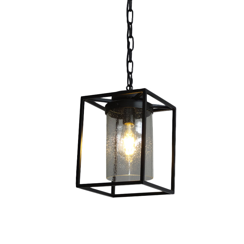 Antique Cylinder Hanging Pendant 1 Bulb Clear Seeded Glass Drop Lamp in Black with Rectangle Cage Clearhalo 'Ceiling Lights' 'Glass shade' 'Glass' 'Pendant Lights' 'Pendants' Lighting' 808541