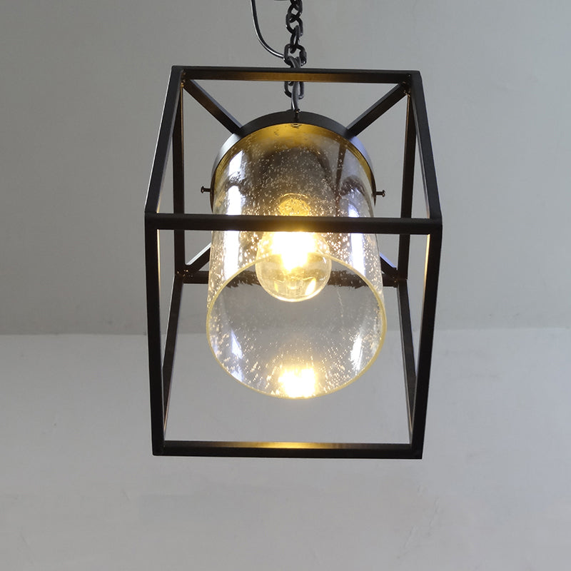 Antique Cylinder Hanging Pendant 1 Bulb Clear Seeded Glass Drop Lamp in Black with Rectangle Cage Clearhalo 'Ceiling Lights' 'Glass shade' 'Glass' 'Pendant Lights' 'Pendants' Lighting' 808542
