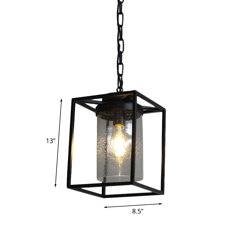 Antique Cylinder Hanging Pendant 1 Bulb Clear Seeded Glass Drop Lamp in Black with Rectangle Cage Clearhalo 'Ceiling Lights' 'Glass shade' 'Glass' 'Pendant Lights' 'Pendants' Lighting' 808543