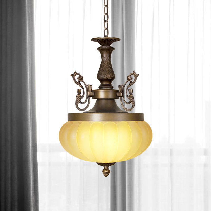 3-Head Pumpkin Chandelier Light Traditional Bronze Frosted Glass Suspended Lighting Fixture Clearhalo 'Ceiling Lights' 'Chandeliers' 'Glass shade' 'Glass' Lighting' 808557