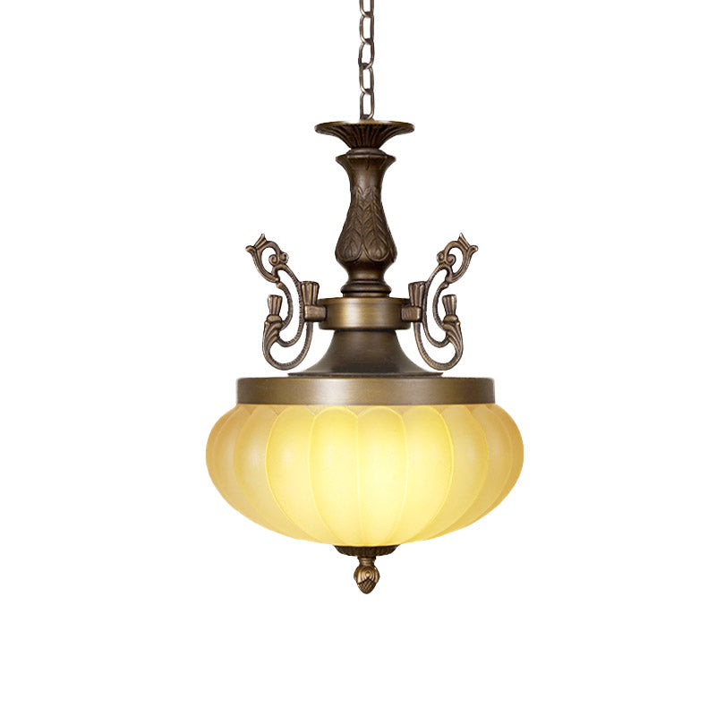 3-Head Pumpkin Chandelier Light Traditional Bronze Frosted Glass Suspended Lighting Fixture Clearhalo 'Ceiling Lights' 'Chandeliers' 'Glass shade' 'Glass' Lighting' 808558